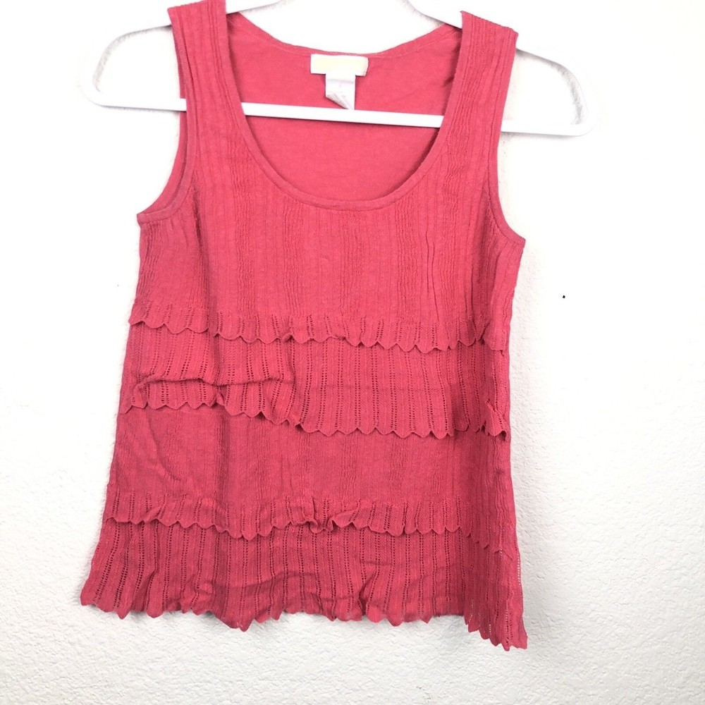 Christina Pink Tiered Ruffle Tank Top Womens Small Linen Cotton Knit Scalloped